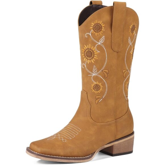 ⚡Women's Yellow Mid Calf Western Sunflower Cowgirl Boots with Floral Embroidery